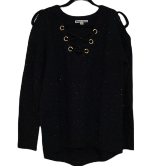 Moral Fiber Black Rainbow Confetti Cold Shoulder Lace Up Acrylic Sweater - Picture 1 of 8